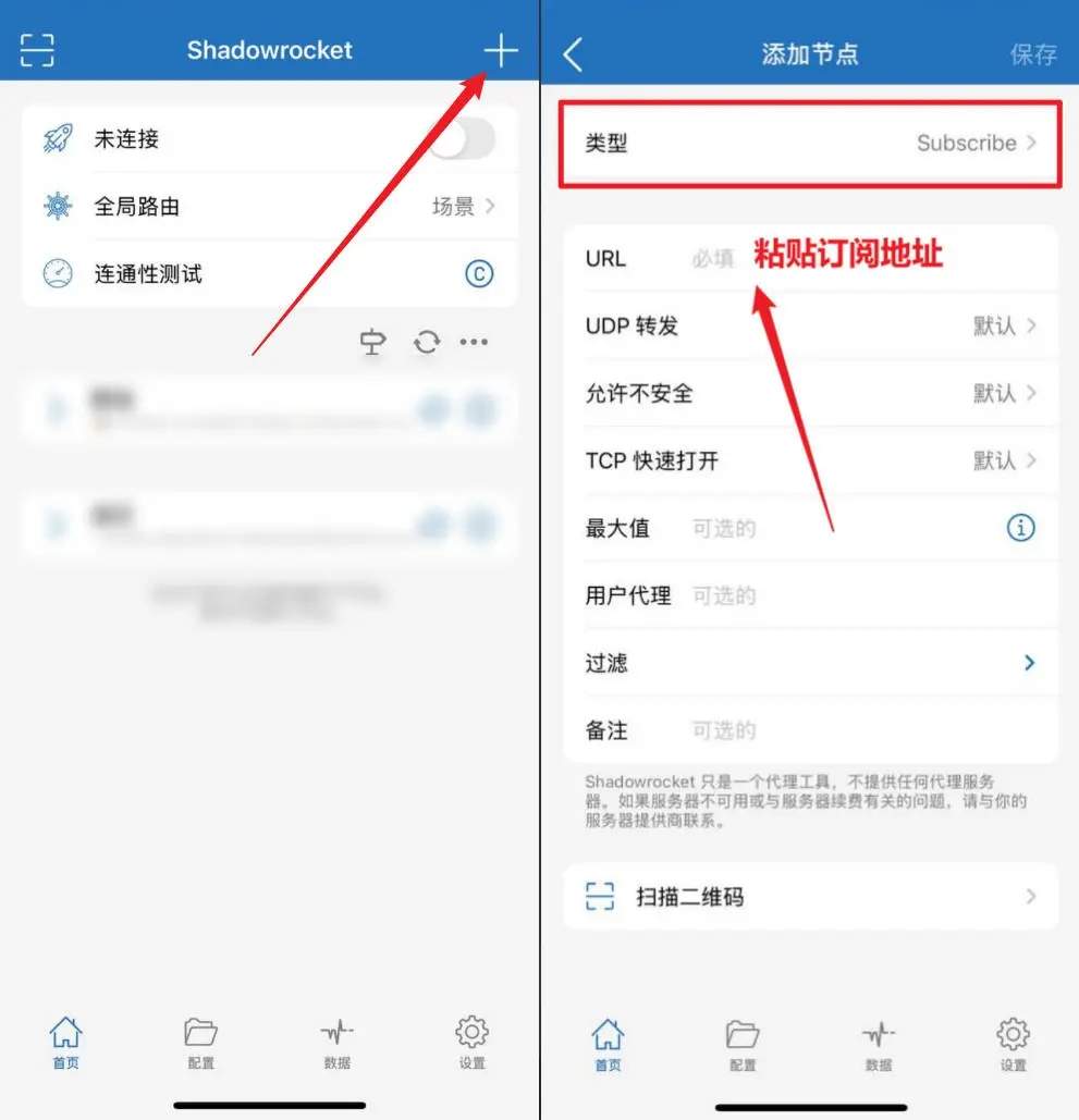 选择类型并粘贴订阅地址